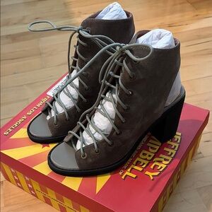 Jeffrey Campbell Olive Taupe Suede Lace-Up Open-Toe Booties